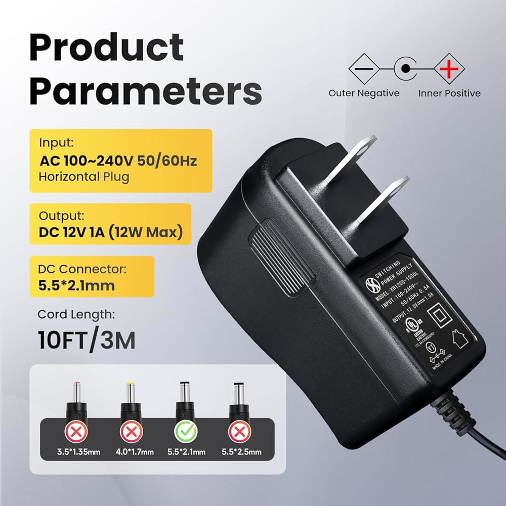 UL 등록 5팩 12V 1A 조명, 전원 1000mA 등을 12W 스위칭 GPS, LED 공급 스캐너 스피커, 어댑터, 위한 3m(10피트) 어댑터 CCTV 라우터, AC/DC - 상세 이미지 2