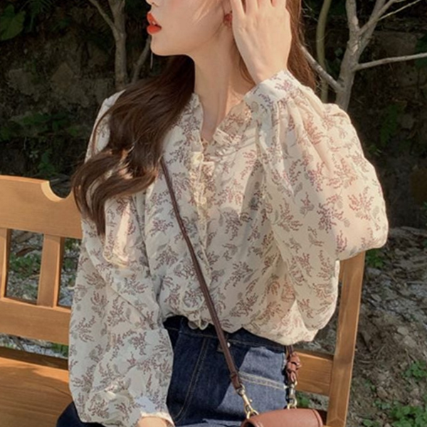 루즈핏 여성 플라워 블라우스 레이스 여성 쉬폰 블라우스 꽃무늬 패턴 - 상품 이미지