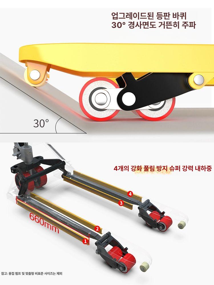 유압 핸드자키 반전동 스태커 팔레트 운반 포크 작키 2t 55 0 표준 전강보강 보증 10년 - 상세 이미지 3