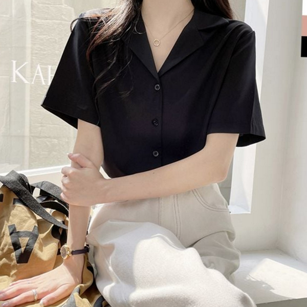 루즈핏 여자 반팔 블라우스 오픈카라 여성 카라 블라우스 데일리 여름 - 상세 이미지 2