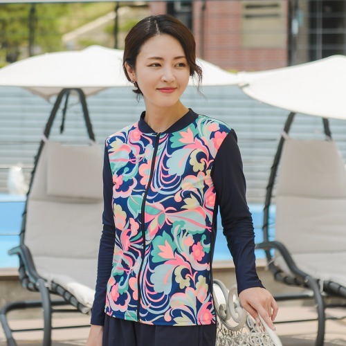 조이마담S7109 형광 플라워 래쉬가드 상의 50대60대중년여성 빅사이즈수영복 - 상품 이미지