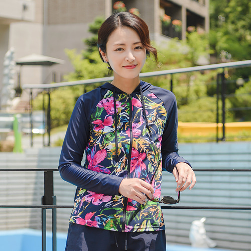 조이마담S7105 은은 플라워 후드 래쉬가드 상의 50대60대중년여성 빅사이즈수영복 - 상세 이미지 2