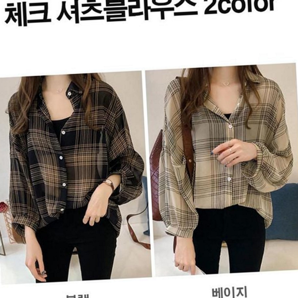 클래식 여성 체크 셔츠 블라우스 여성 루즈핏 셔츠 데일리 가을 - 상품 이미지