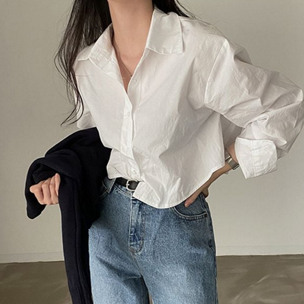 루즈핏 여성 크롭 셔츠 블라우스 여자 크롭 셔츠 데 가을 - 상품 이미지