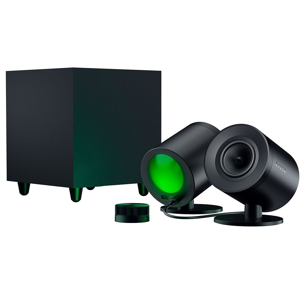 Razer Nommo V2 Pro - 스피커 서브우퍼 컨트롤 프로젝션 무선 오디오 레인지 풀 THX PC 드라이버 포드 크로마 서브우퍼 파이어링 RGB 2.1 게이밍 공간 다운 - 상품 이미지