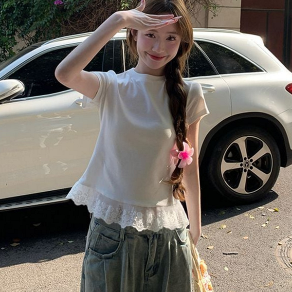 데일리 여자 레이스 티셔츠 슬림 여성 반팔 티셔츠 라운드 여름 - 상품 이미지