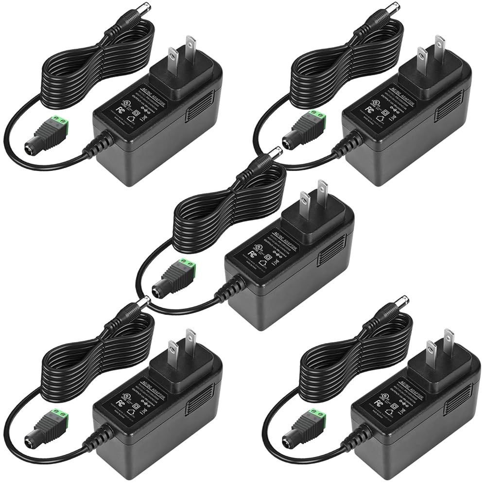 2A 전원 공급 장치 어댑터, 24W UL AC 벽 120V 2암페어 등록, 변압기, 5.5x2.1mm 어댑터 (5팩) DC 충전기 플러그용 스트립 12V 조명, 보안 카메라, - 상품 이미지