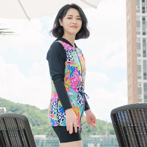 조이마담S7134 플라워 허리끈 후드 래쉬가드 상의 50대60대중년여성 빅사이즈수영복 - 상세 이미지 2