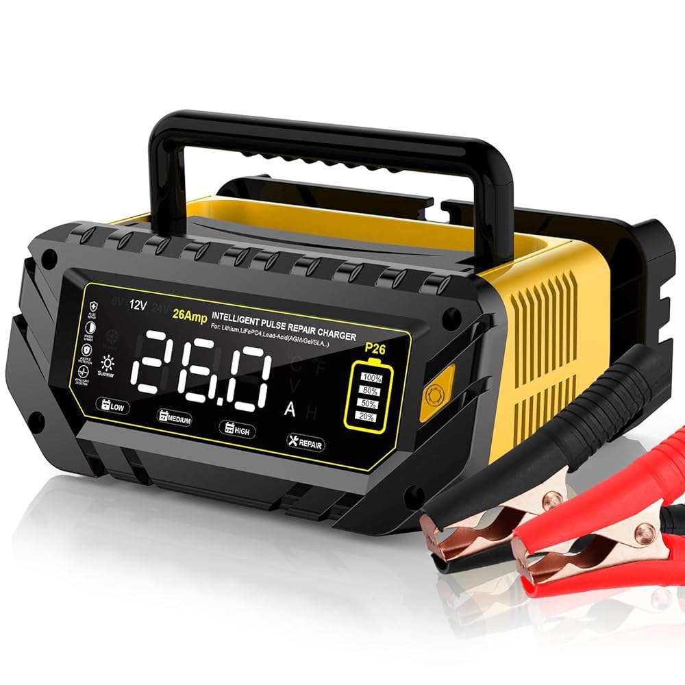 26 AMP 자동차 배터리 충전기, 6V / 12V 24V 납산, 리튬, LiFePo4 스마트 대형 스크린 트리클 자동차, 오토바이, 잔디 깎는 기계용 완전 자동 충전기 및 유지보 - 상품 이미지