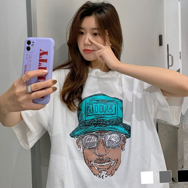 루즈핏 여성 반팔 티셔츠 데일리 여성 면 티셔츠 박시핏 프린팅 - 상품 이미지
