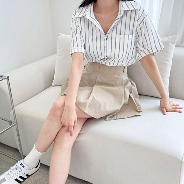 오픈카라 여자 반팔 남방 루즈핏 여성 블루 스트라이프 블라우스 데 - 상품 이미지