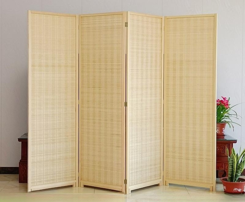 대나무 파티션 공간분리 바퀴달린 라탄 스타일 병풍 원목 오렌지 170 x 40cm 4단 포함 - 상품 이미지