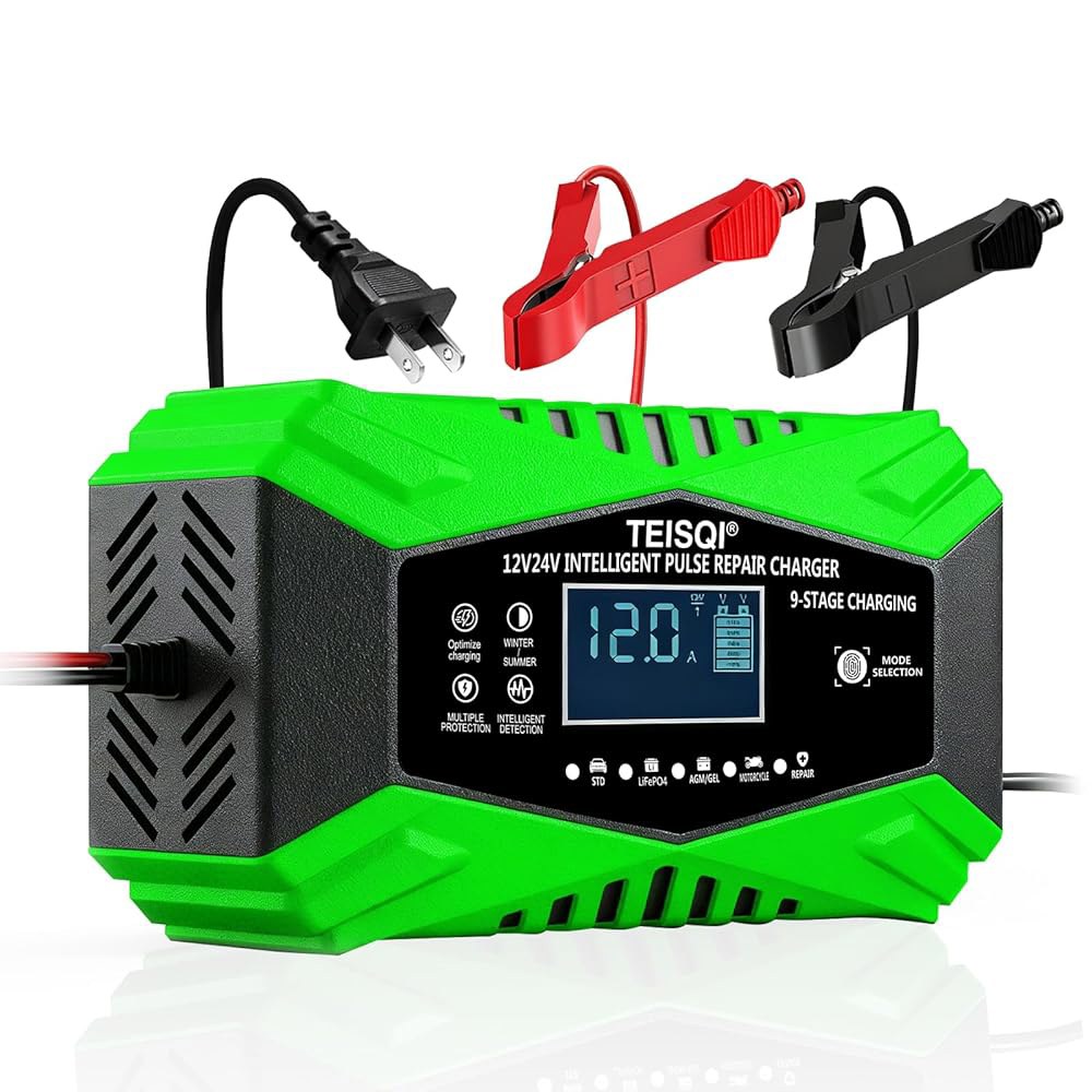 TEISQI 배터리 충전기, 12Amp 12V / 24V 스마트 트리클 충전기 - 자동차 모터사이클 잔디 깎는 해양 납산 /LiFePO4 (녹색)에 대한 온도 보상이 포함된 유지보 - 상품 이미지