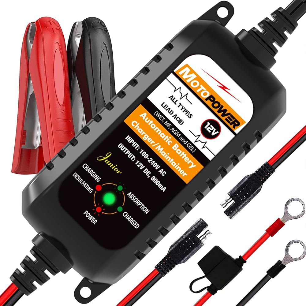 모토파워 MP00205A 12V 800mA 자동 배터리 충전기, 유지보수기, 트리클 및 탈황기 Black - 상품 이미지