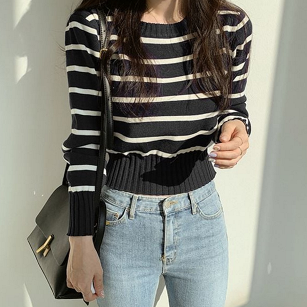 데 여성 긴 팔 티셔츠 스트라이프 여성 단가라 티셔츠 라운드 - 상품 이미지