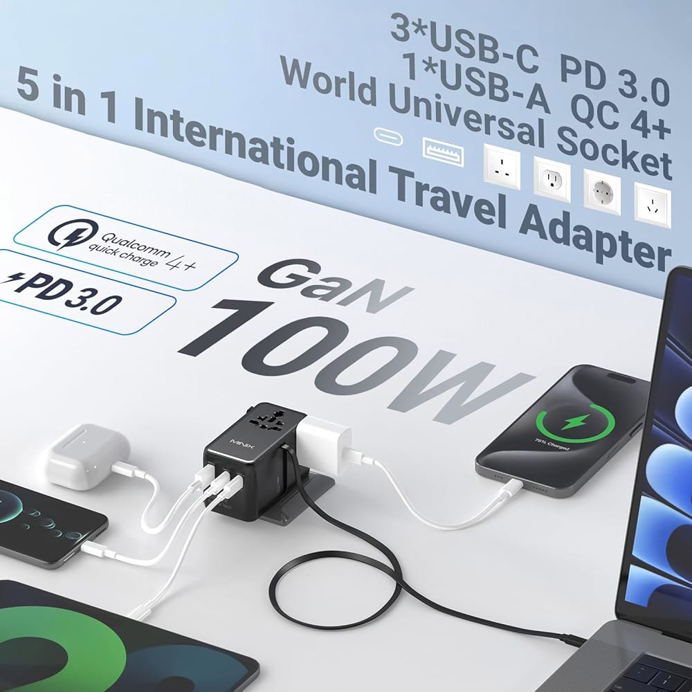 MINIX 100W 범용 여행용 어댑터, 포트, 노트북, 국제 세계 USB-A 전 C 케이블, 태블릿, 콘센트, 충전기 USB C타입 x 1 카메라용 3 GaN 접이식 AC 전원 - 상세 이미지 2