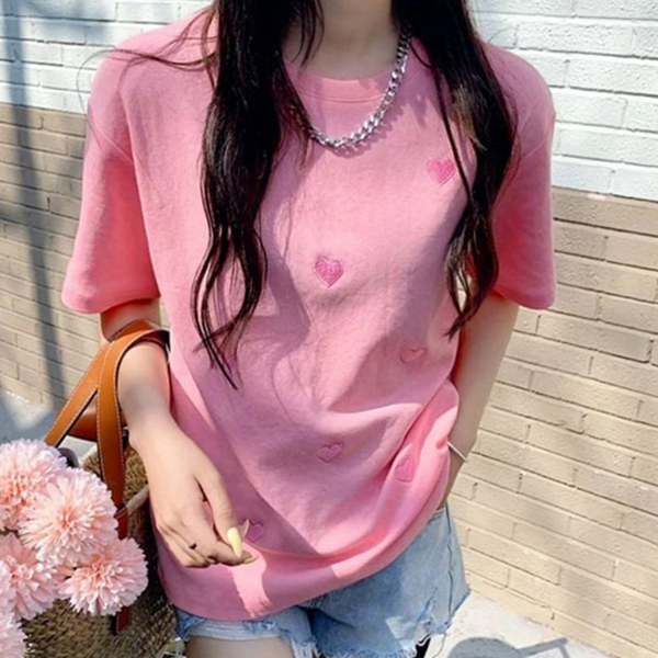루즈핏 여성 반팔 티셔츠 자수 여성 하트 티셔츠 데 여름 - 상품 이미지