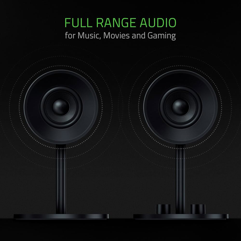 Razer, 놈모 풀 레인지 2.0 유리 베이스 3인치 섬유 드라이버, 게인 후면 포트, 자동 게이밍 조정 노브 스피커, 방향 Nommo Chroma - 상세 이미지 2