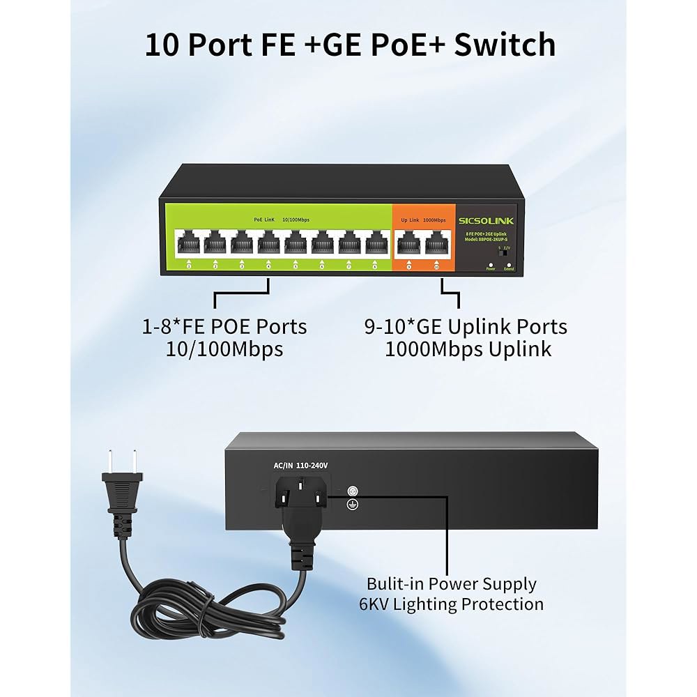 [업그레이드] POE 스위치, 2기가비트 업링크, IP 120W, 가정 사무실에 IEEE802.3af/at, 및 비관리, 스위치기가비트 (8포트 100Mbps 업링크) 적합. 네트 - 상세 이미지 2