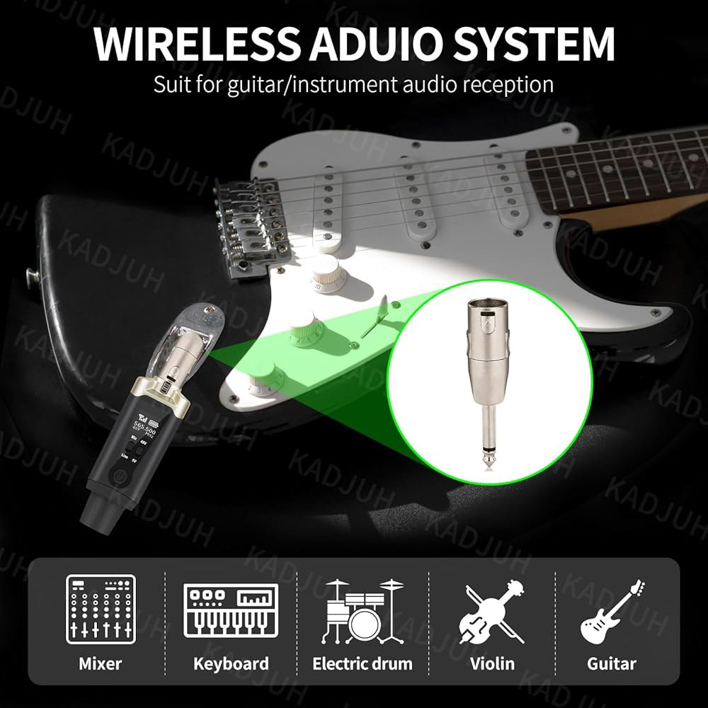 Kadjuh 무선 XLR 송신기 및 수신기 & 기타 송신기, 다이나믹 마이크, 오디오 믹서, 일렉트릭 베이스를 위한 충전식 마이크 어댑터 16채널 196피트 범위 T9-2 - 상세 이미지 3