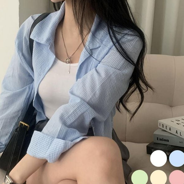 루즈핏 여성 크롭 셔츠 스트라이프 여자 크롭 셔츠 여름 데 - 상품 이미지