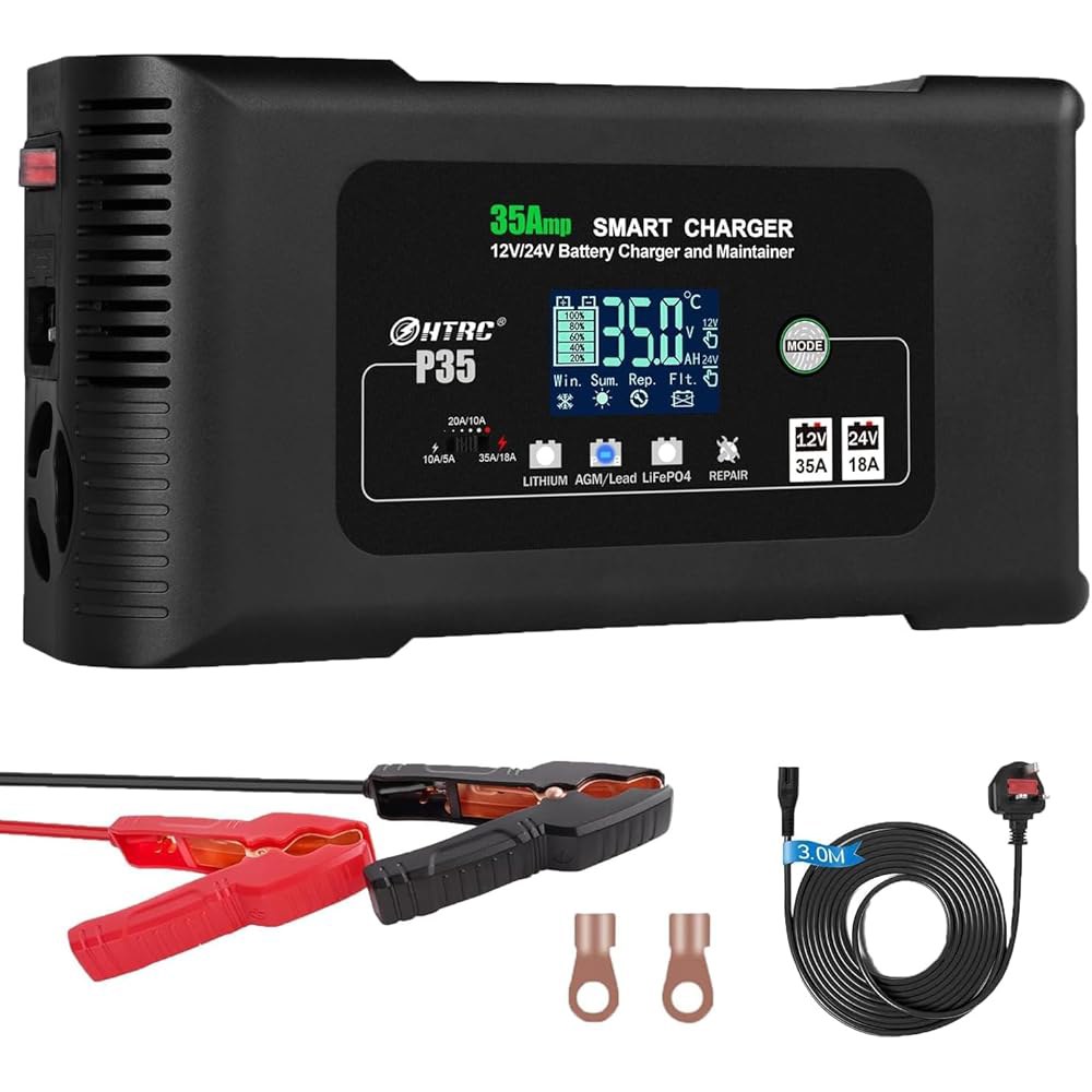 iSunergy 배터리 충전기, 스마트 0-35A 12V/24V 트리클 LiFePO4, 납산, 리튬 9단계 충전이 가능한 휴대용 자동차 수리 기능 포함 0-15A 12/24v - 상품 이미지