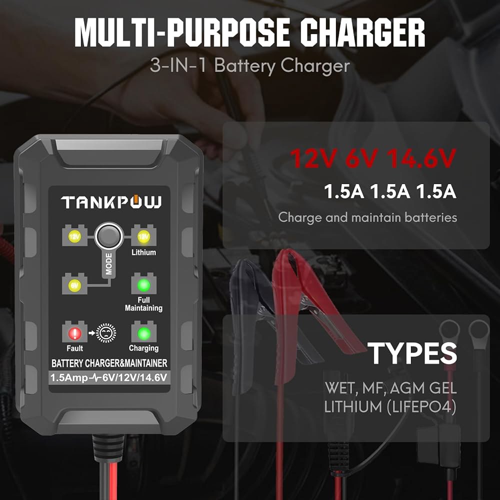 TANKPOW 1.5A 스마트 배터리 충전기, 6V / 12V 14.6V 자동 유지 관리기, 트리클 자동차용 부유식 모터사이클, 납산 및 리튬(LiFePO4) 딥 사이클 - 상세 이미지 2