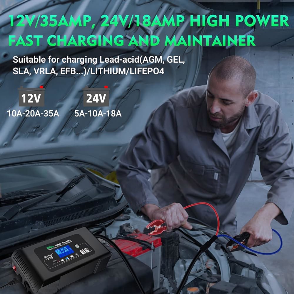 iSunergy 배터리 충전기, 스마트 0-35A 12V/24V 트리클 LiFePO4, 납산, 리튬 9단계 충전이 가능한 휴대용 자동차 수리 기능 포함 0-15A 12/24v - 상세 이미지 3