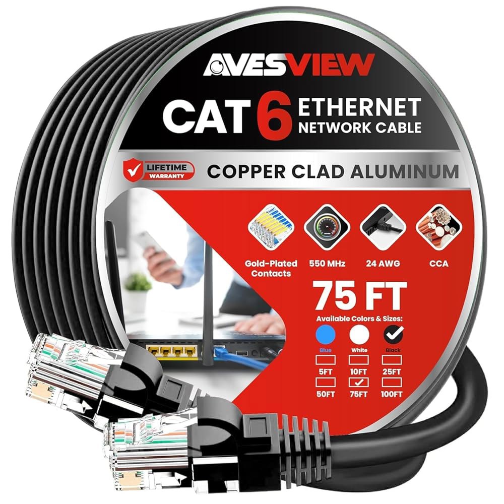 AvesView CAT 1.8m(6 75피트) 이더넷 CAT6 롱 네트워크, 2.9m(75피트) 카메라용 케이블 POE 10Gbps 라우터, 게임, 고속 Snagless 모뎀, - 상품 이미지