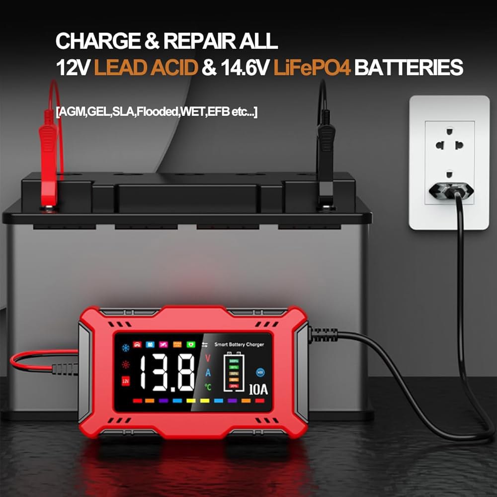 12V 납산 및 14.6V LiFePO u2084용 대형 LCD 디스플레이가 장착된 자동차 배터리 충전기 10A, 자동 유지보수기, 트리클 충전기, 탈황기, AGM / 젤 SLA - 상세 이미지 2
