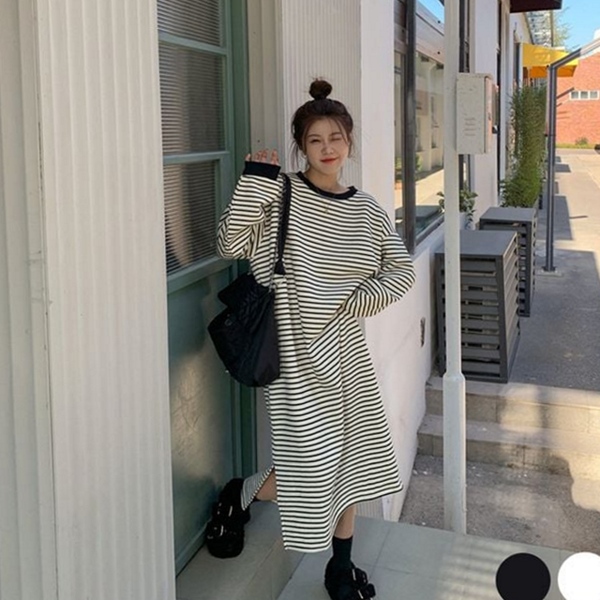데 여성 줄무늬 원피스 라운드 여성 단가라 원피스 빅사이즈 루즈핏 - 상품 이미지