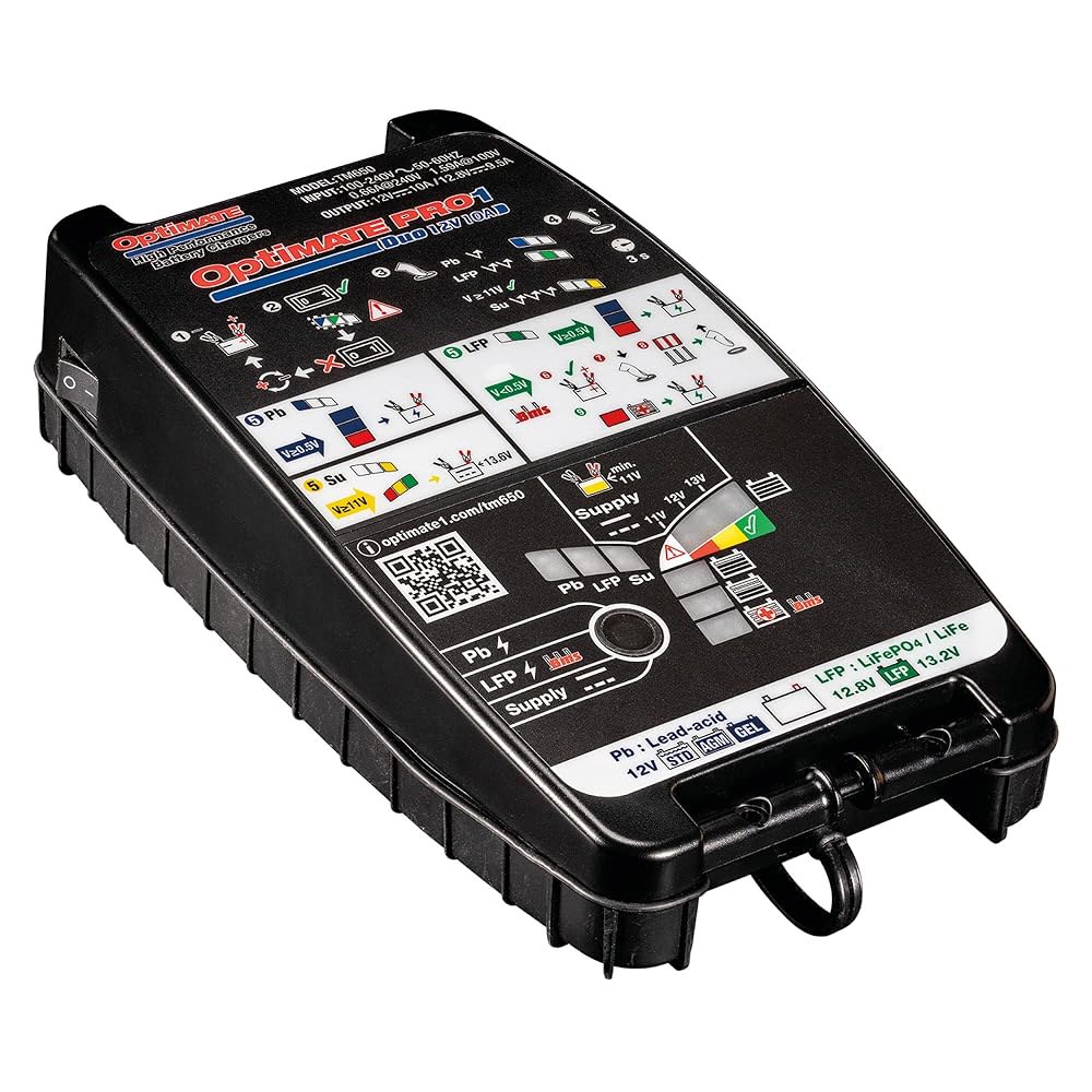 Tecmate OptiMate PRO-1 DUO 11단계 12V / 12.8V 고성능 배터리 절약 충전기, 테스터 및 유지보수기, 블랙 - 상품 이미지