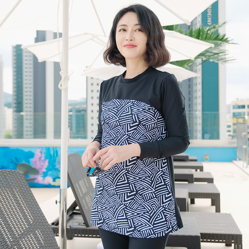 조이마담S7129 미로배색 A라인 수영복 세트 50대60대중년여성 빅사이즈래쉬가드 - 상세 이미지 2