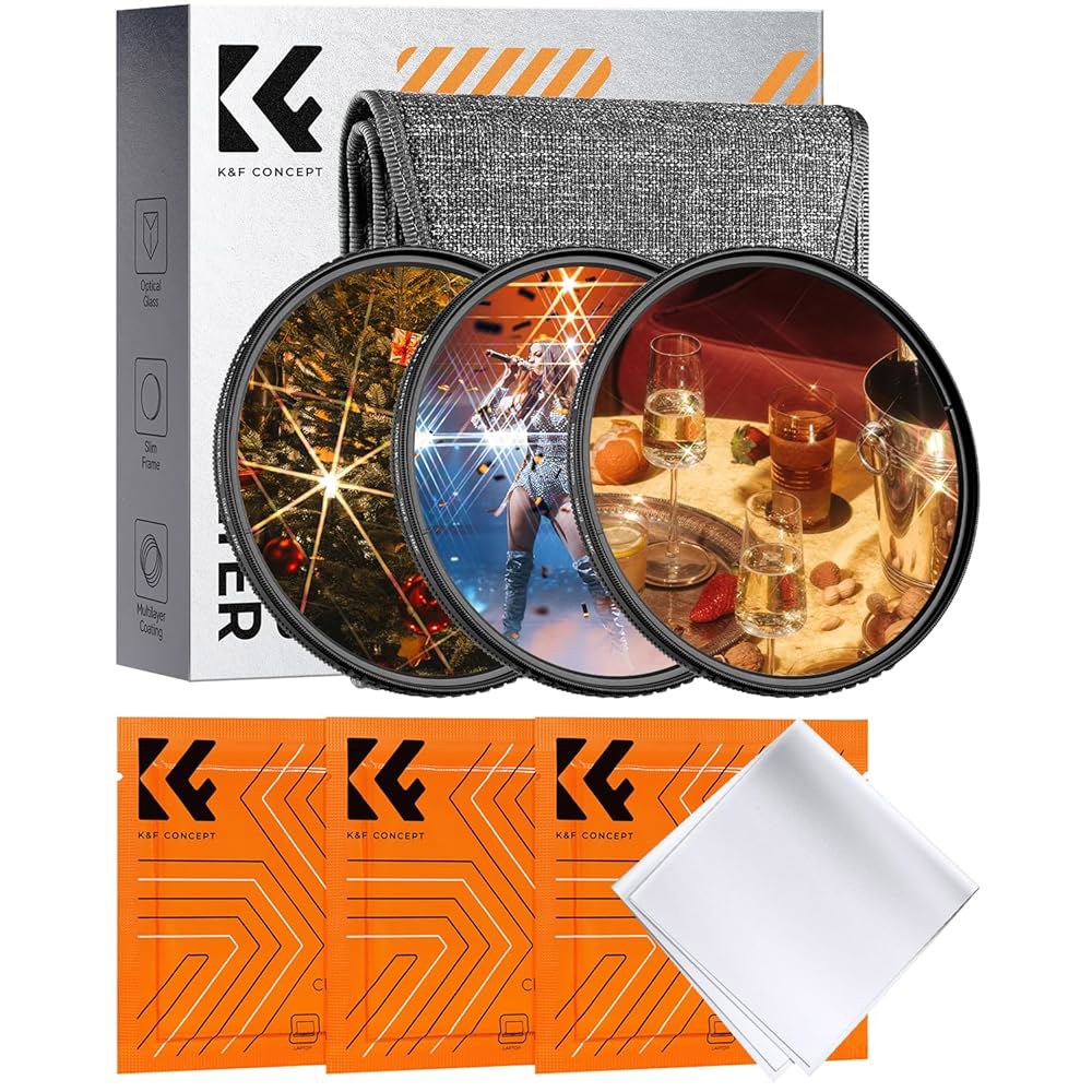 K&F 컨셉 82mm 스타 필터 키트 (3개) 4포인트 6포인트 8포인트 크로스 스크린 스타버스트 세트 -18 레이어 코팅 초슬림 광학 유리 카메라 렌즈 3개 클리닝 천 포함 - 상품 이미지