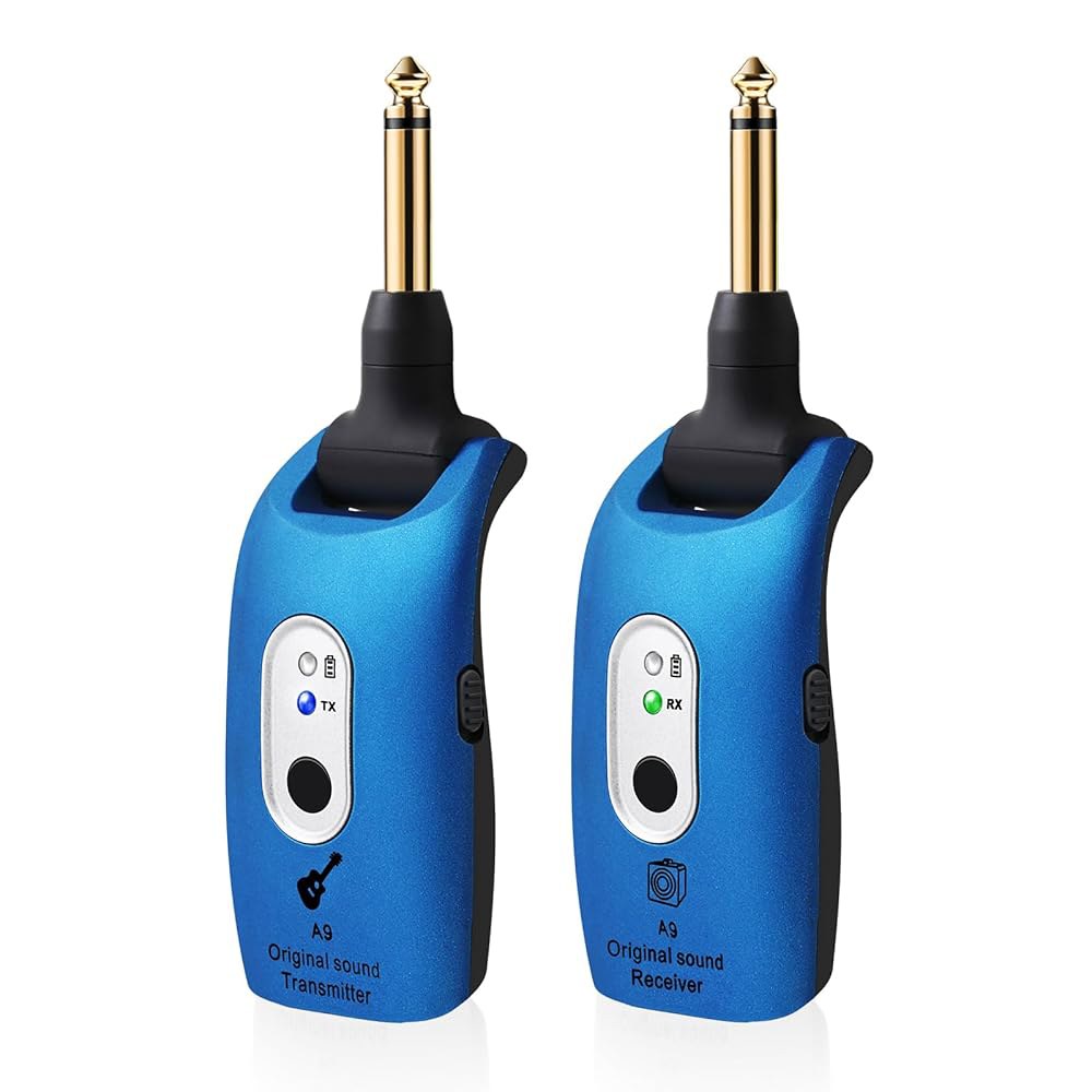 A9 무선 기타 시스템 - 2.4GHz 액세서리 송신기 수신기, 24비트 48KHz 오디오, 100피트 범위, 지연 시간 없음, 4시간 충전식 배터리, 일렉트릭 베이스용(블루(1T - 상품 이미지