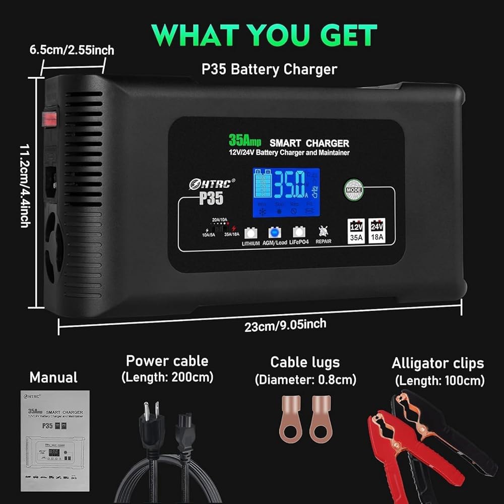 iSunergy 배터리 충전기, 스마트 0-35A 12V/24V 트리클 LiFePO4, 납산, 리튬 9단계 충전이 가능한 휴대용 자동차 수리 기능 포함 0-15A 12/24v - 상세 이미지 2