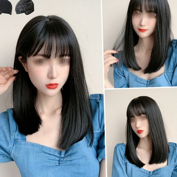 블랙 여성 통가발 앞머리 긴 머리 통가발 생머리 여자 - 상품 이미지