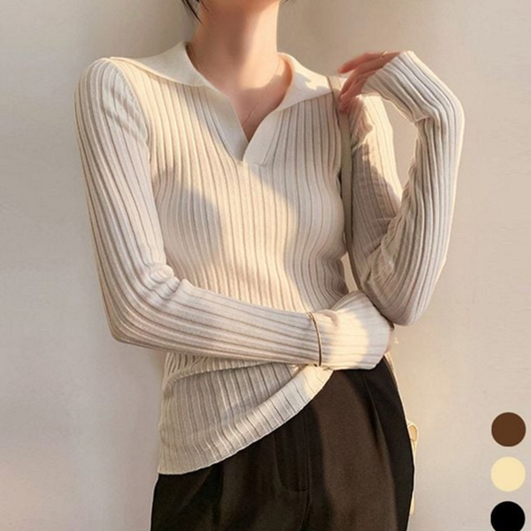 브이넥 여성 골지 티셔츠 카라 여성 긴 팔 티셔츠 슬림 - 상품 이미지