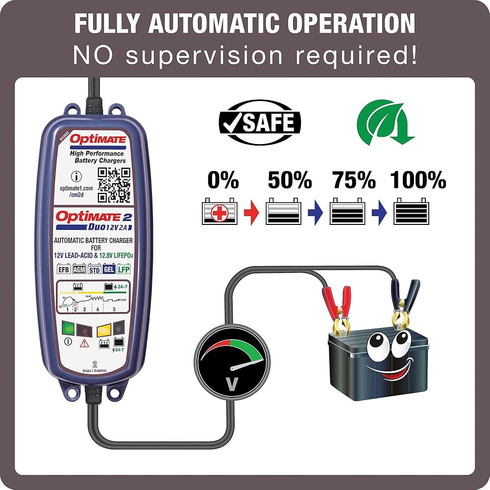 테크메이트 옵티메이트 2 듀오, TM-551, 브론즈 시리즈 5단계 12V / 12.8V 2A 밀폐형 배터리 충전기 및 유지보수기, 블루 - 상세 이미지 3