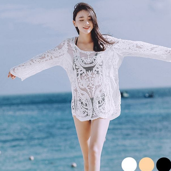 시스루 여성 레이스 상의 블라우스 여성 레이스 셔츠 펀칭 비치 - 상품 이미지