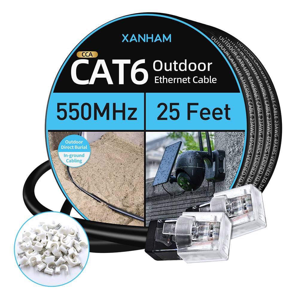 XANHAM Cat6 실외 이더넷 케이블 UTP 차단 재킷 인터넷 방수 자외선 클래드 CCTV용 6 네트워크 및 카메라, 구리 7.6m(25피트) 캣 다이렉트 CCA 매립 - 상품 이미지