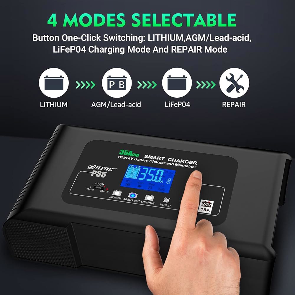HTRC 35암페어 스마트 충전기, 자동차 배터리 트릭 12V35A / 24V18A, 14.6V 29.2V, 리튬, LiFePO4, 납산 AGM 젤 SLA..배터리 휴대용 유지보수 - 상세 이미지 2