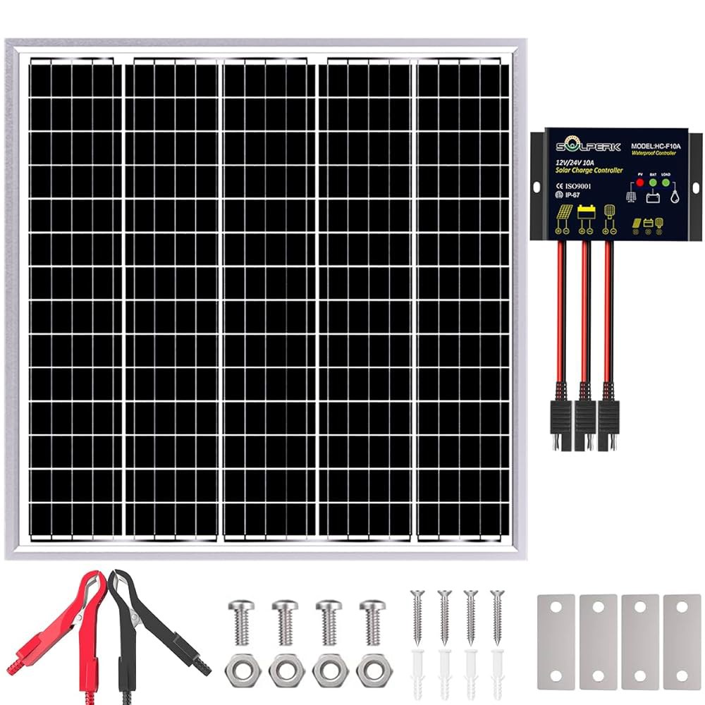 솔퍼크 태양광 패널 키트 50W 24V, 지능형 방수 10A PWM 컨트롤러, RV 자동차 보트 해상 트랙터 캠핑용 가정용 실외 배터리 충전기, 24볼트 충전기 - 상품 이미지