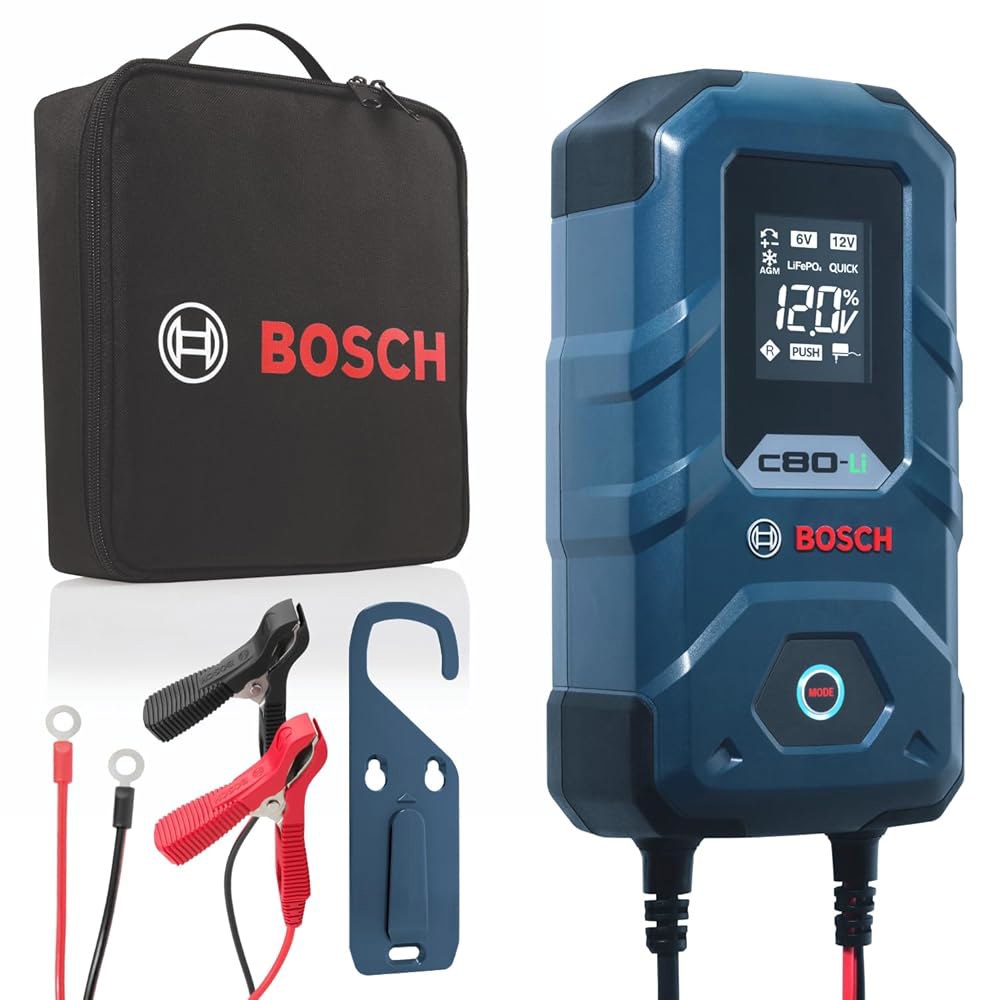 Bosch C80-Li 15A 6V / 12V 차세대 배터리 충전기 u2013 고유의 20A 고속 모드 및 스마트 유지보수, 트리클 기능 고급 안전 납축 리튬 배터리, AGM, - 상품 이미지
