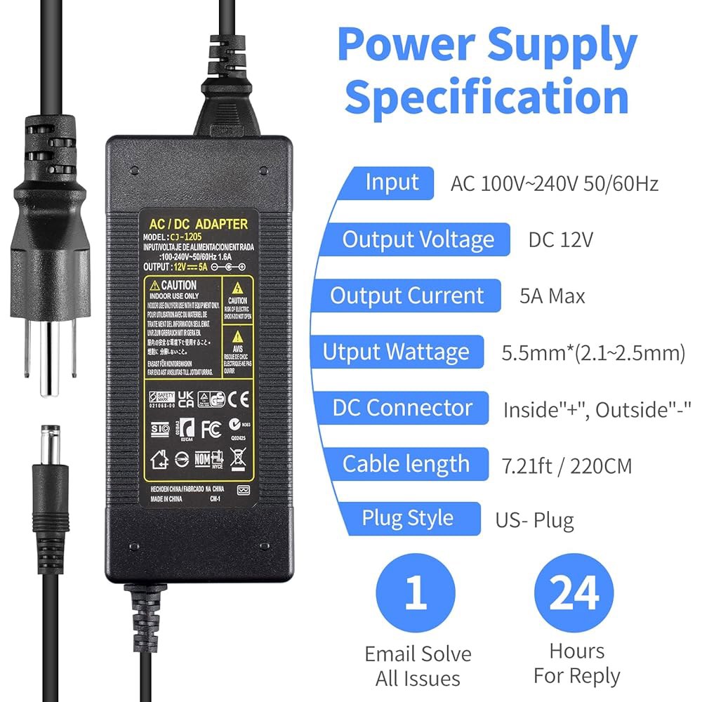 12V 5A 전원 공급 장치, 60W 잭, 4Amp - 카메라, DC 3Amp 조명 스트립, LED 라우터, 5암페어 프린터용 변압기, 출력 어댑터 1Amp 5.5x2.1mm~2. - 상세 이미지 2