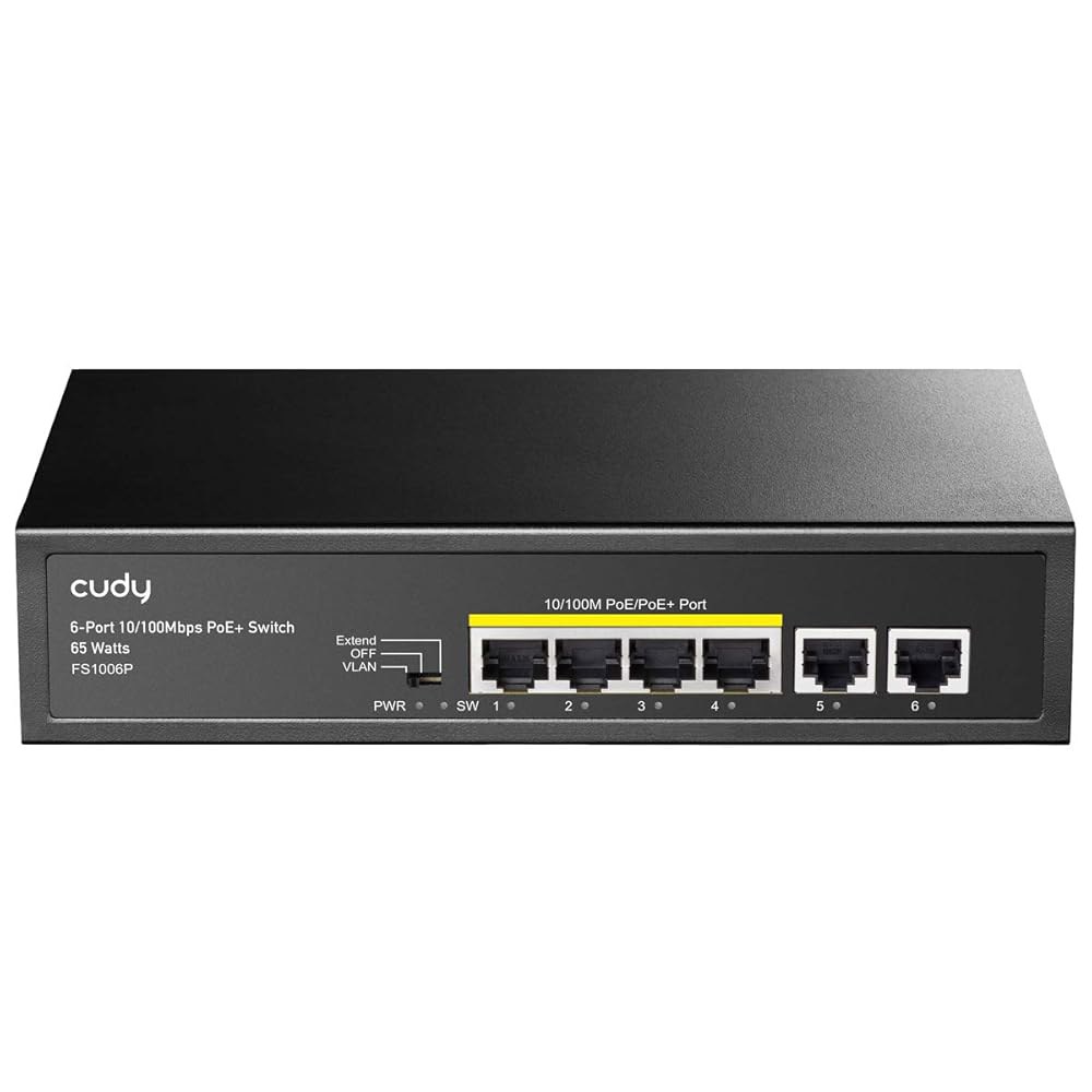 Cudy FS1006P 6포트 10/100M PoE 벽 포트 4개, 팬 없음, 802.3af / 감지, 거리), PD 및 모드 전송 (10Mbps에서 스틸 60W, CCTV 스위치 - 상품 이미지