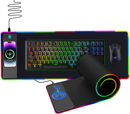 [해외]무선 충전 RGB 마우스 패드 - 12 x 35.5 대형 미끄럼 방지 고속 데스크 매트 (게이밍 포함) 10가지 백라이트 색상 과 호환되는 키보드