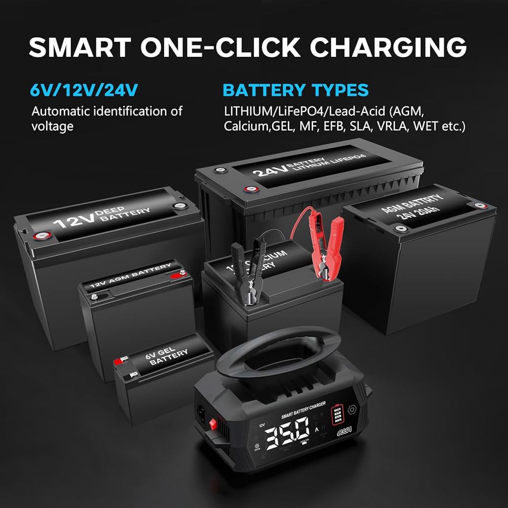 자동차 배터리 충전기 35암페어, 6V / 12V 24V 스마트 충전기, 유지보수기, 납산, 리튬, LiFePo4 배터리용 트리클 자동차, 오토바이, 보트 Black - 상세 이미지 3