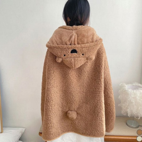부드러운 후드 담요 곰돌이 털 담요 극세사 겨울 - 상품 이미지