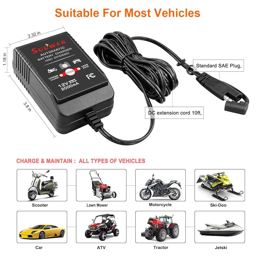 수치워 2Amp 12V 스마트 배터리 충전기 - 납산 및 리튬(LiFePO4) 배터리용 완전 자동 트리클 유지 관리기 - 상세 이미지 3